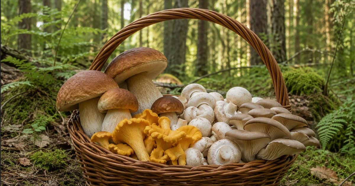 Белые грибы, лисички, шампиньоны и вешенки счит...